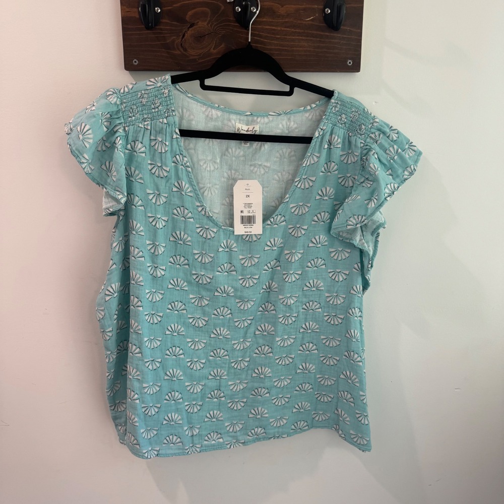 Wonderly Plus Size 2X Aqua Blue Cotton Gauze Flutter Sleeve V-Neck Shell Top NWT
